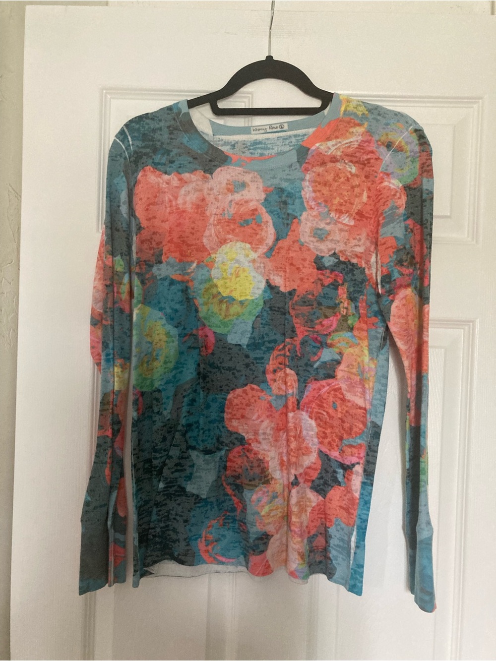 Whimsy Rose Blue/Coral Floral Long-Sleeve Waffle Tee, Size Large